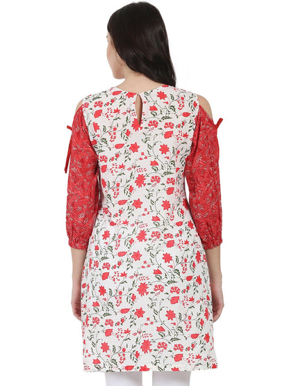 White & Red Printed 3/4Th Sleeve Cotton Cold Shoulder Tunic | LASVINI - Redefining Indian Fashion with Elegance