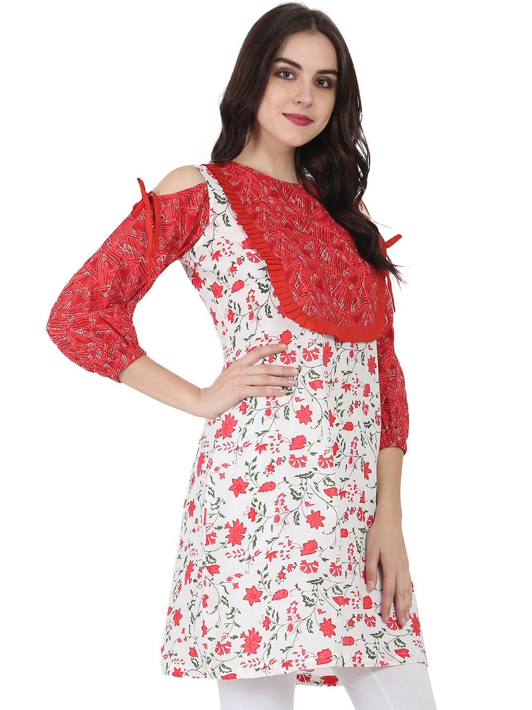 White & Red Printed 3/4Th Sleeve Cotton Cold Shoulder Tunic | LASVINI - Redefining Indian Fashion with Elegance