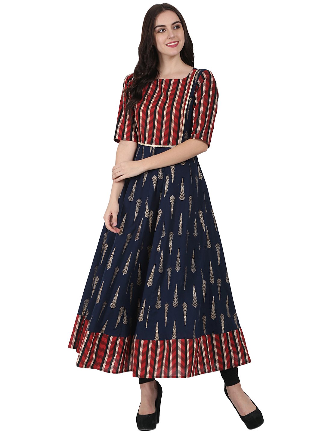 Navy Blue Printed Half Sleeve Cotton Floor Length Anarkali Kurta | LASVINI - Redefining Indian Fashion with Elegance