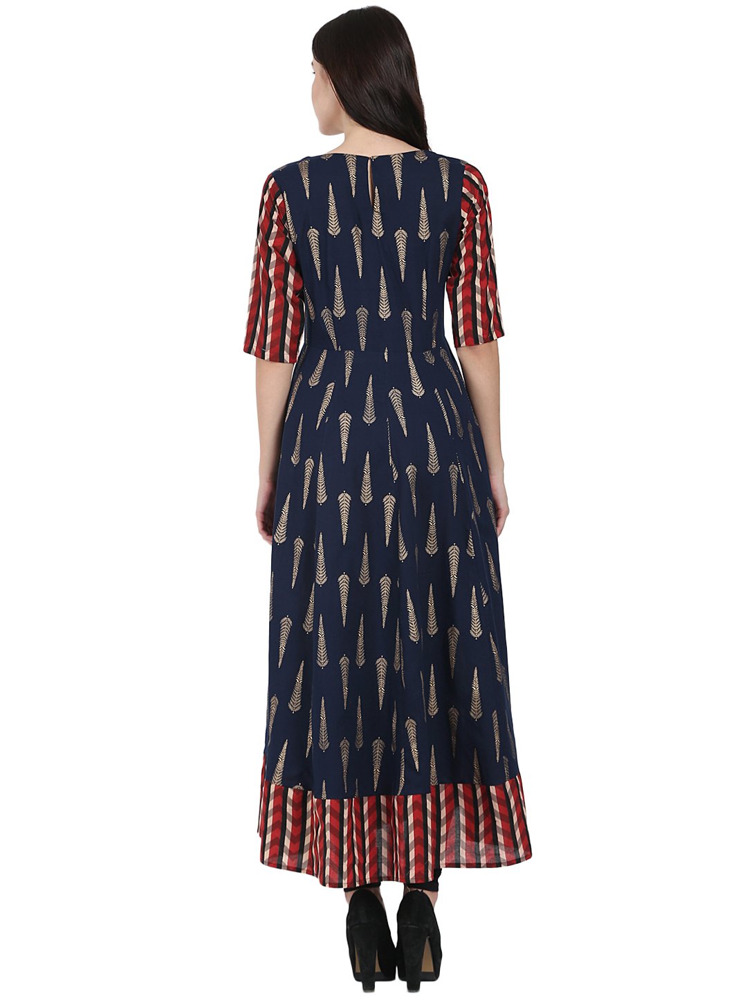 Navy Blue Printed Half Sleeve Cotton Floor Length Anarkali Kurta | LASVINI - Redefining Indian Fashion with Elegance