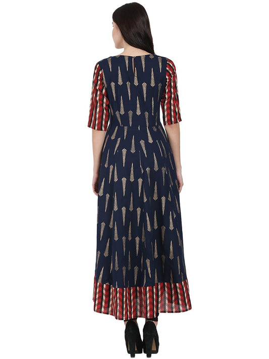 Navy Blue Printed Half Sleeve Cotton Floor Length Anarkali Kurta | LASVINI - Redefining Indian Fashion with Elegance