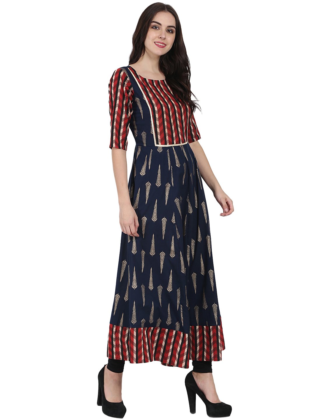 Navy Blue Printed Half Sleeve Cotton Floor Length Anarkali Kurta | LASVINI - Redefining Indian Fashion with Elegance
