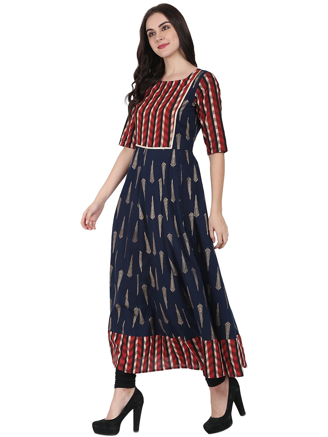 Navy Blue Printed Half Sleeve Cotton Floor Length Anarkali Kurta | LASVINI - Redefining Indian Fashion with Elegance