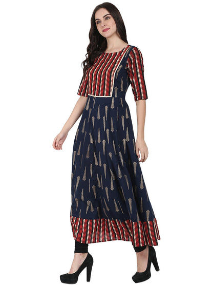 Navy Blue Printed Half Sleeve Cotton Floor Length Anarkali Kurta | LASVINI - Redefining Indian Fashion with Elegance