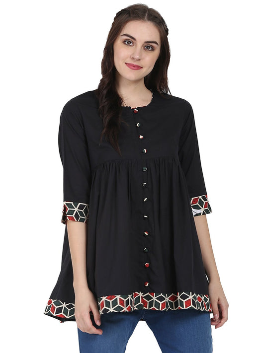 Black 3/4Th Sleeve Cotton A-Line Tunic | LASVINI - Redefining Indian Fashion with Elegance