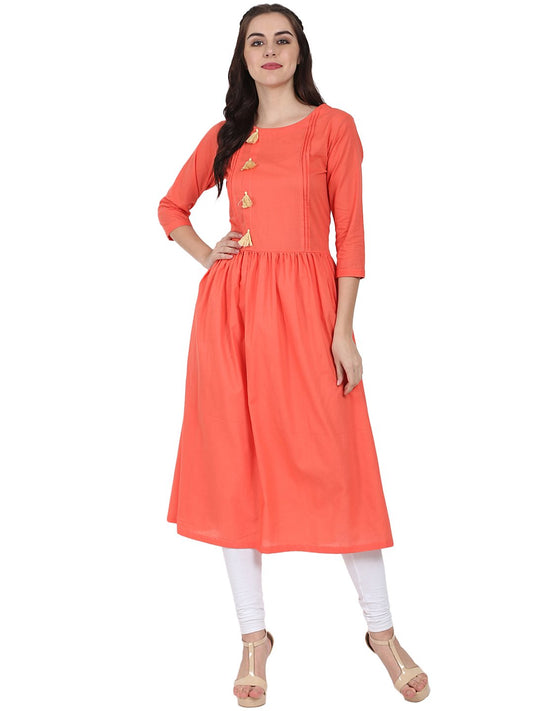 Peach 3/4Th Sleeve Cotton A-Line Kurta | LASVINI - Redefining Indian Fashion with Elegance