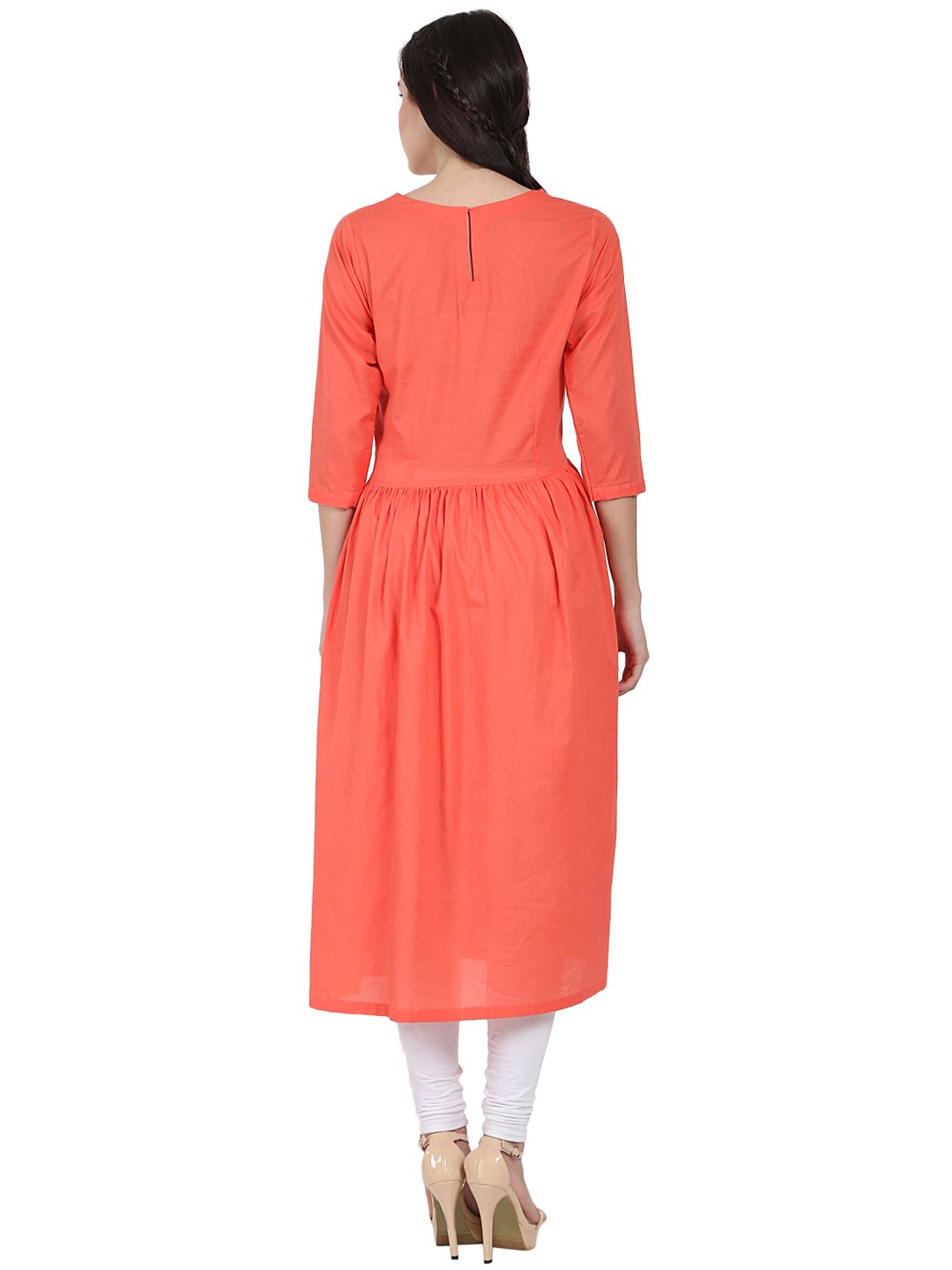 Peach 3/4Th Sleeve Cotton A-Line Kurta | LASVINI - Redefining Indian Fashion with Elegance