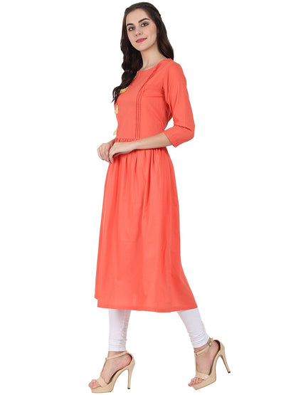 Peach 3/4Th Sleeve Cotton A-Line Kurta | LASVINI - Redefining Indian Fashion with Elegance