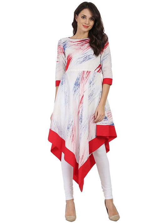 White Tye Dye Half Sleeve Cotton A-Line Assymetric Kurta | LASVINI - Redefining Indian Fashion with Elegance
