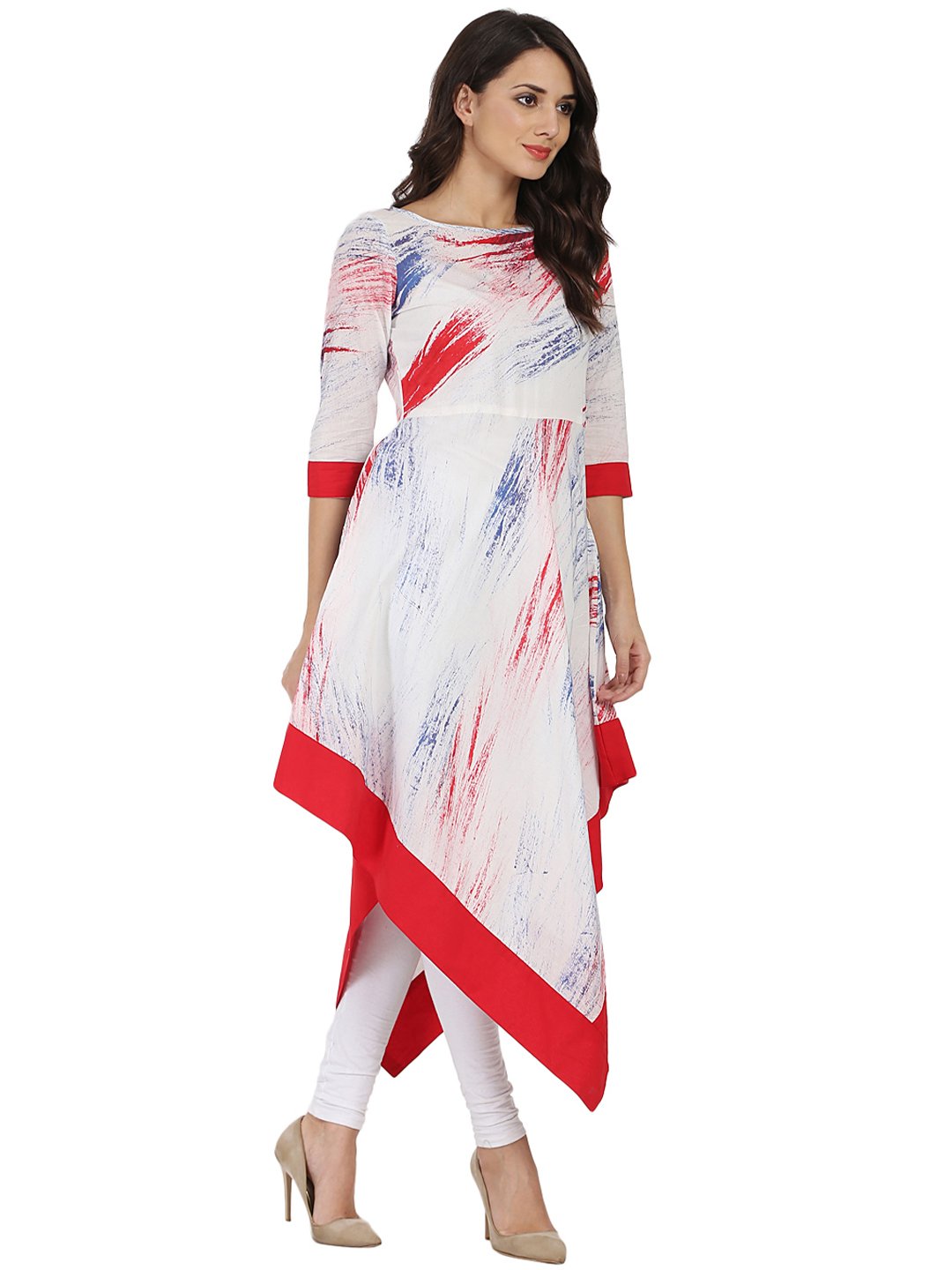 White Tye Dye Half Sleeve Cotton A-Line Assymetric Kurta | LASVINI - Redefining Indian Fashion with Elegance