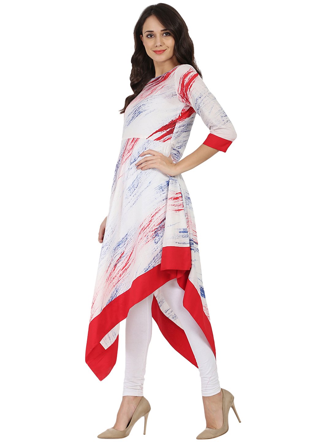 White Tye Dye Half Sleeve Cotton A-Line Assymetric Kurta | LASVINI - Redefining Indian Fashion with Elegance