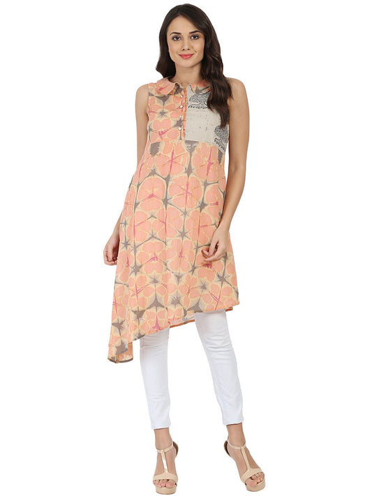 Peach Printed Sleeveless Cotton A-Line Kurta | LASVINI - Redefining Indian Fashion with Elegance