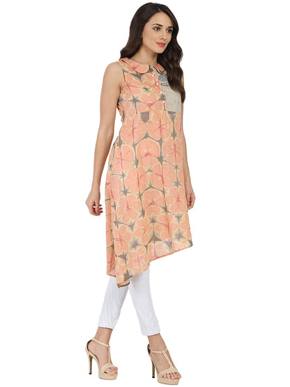 Peach Printed Sleeveless Cotton A-Line Kurta | LASVINI - Redefining Indian Fashion with Elegance