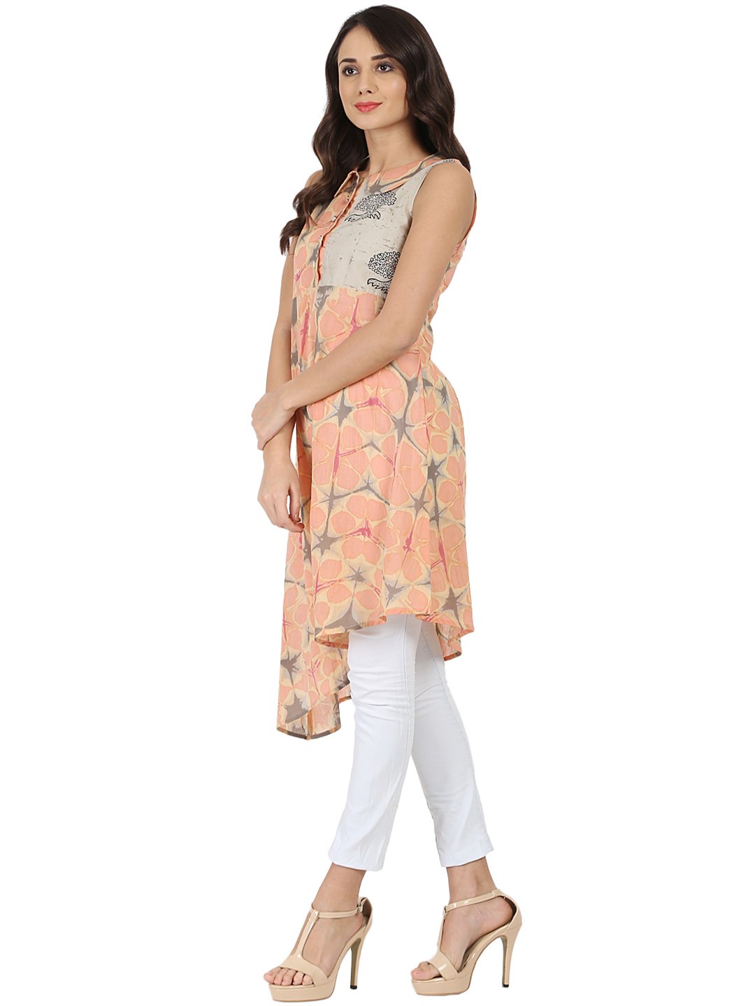 Peach Printed Sleeveless Cotton A-Line Kurta | LASVINI - Redefining Indian Fashion with Elegance