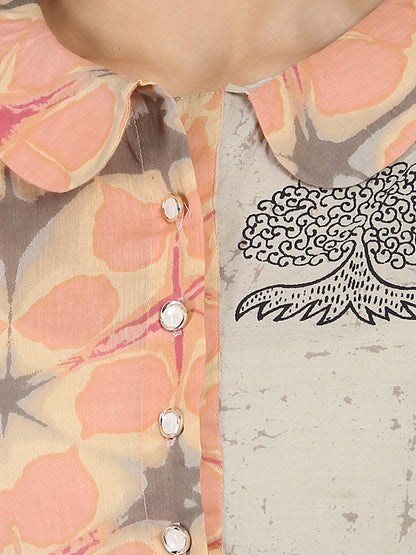 Peach Printed Sleeveless Cotton A-Line Kurta | LASVINI - Redefining Indian Fashion with Elegance