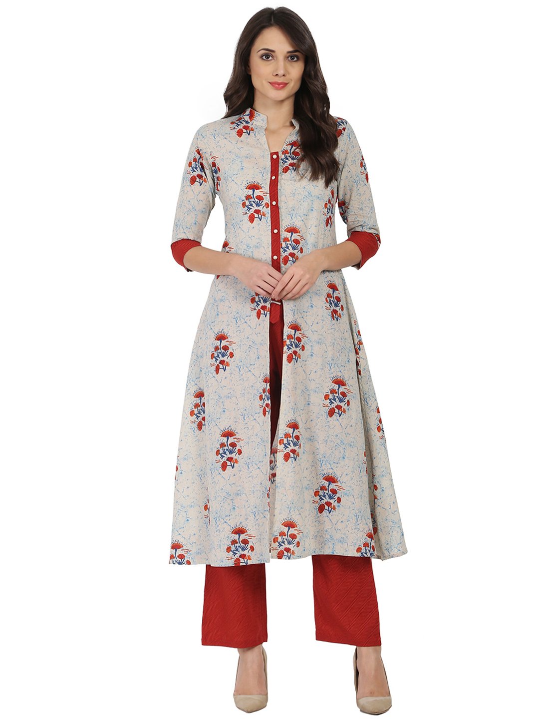 White & Red Printed Half Sleeve Cotton Double Layer Kurta | LASVINI - Redefining Indian Fashion with Elegance