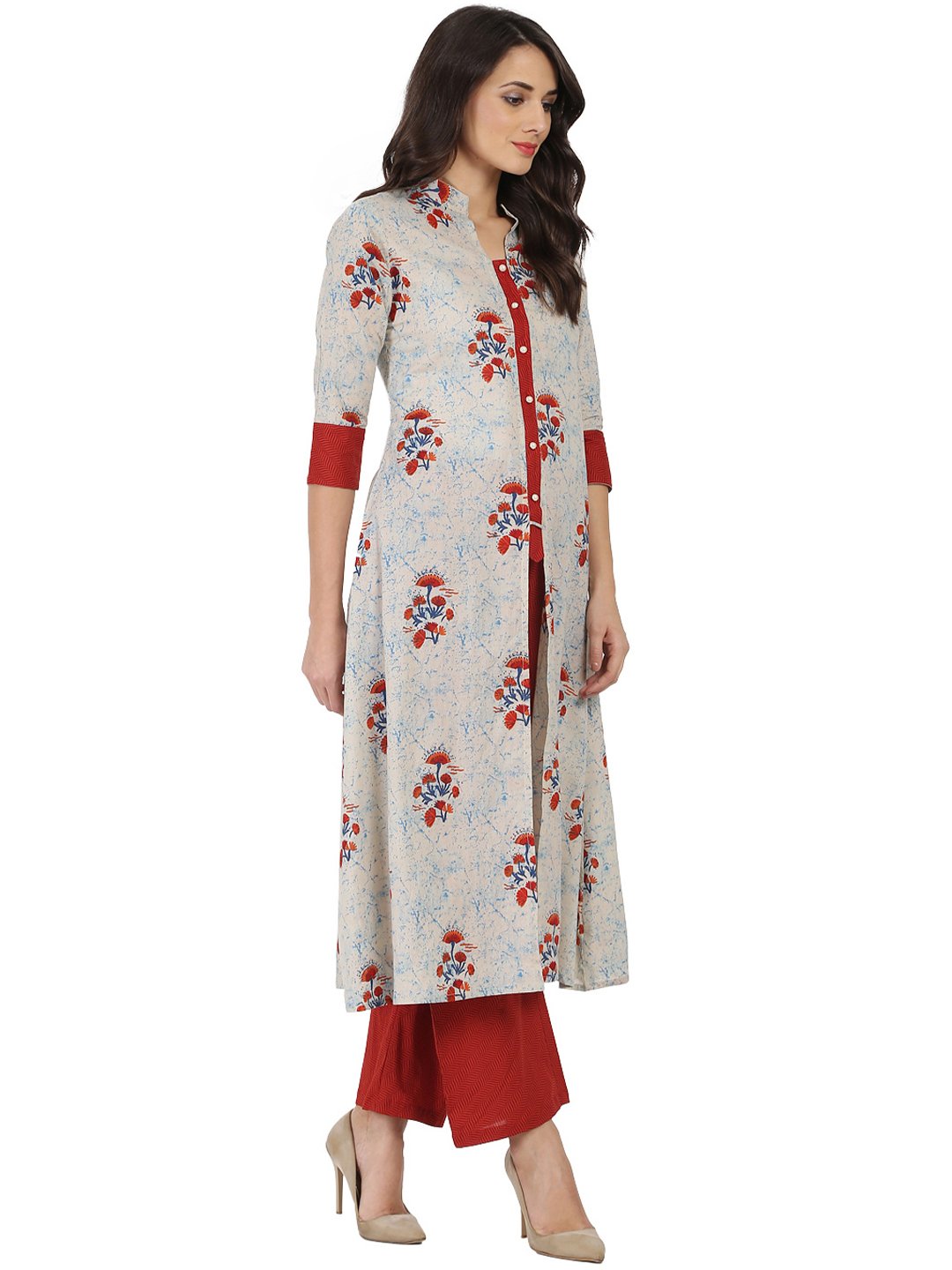 White & Red Printed Half Sleeve Cotton Double Layer Kurta | LASVINI - Redefining Indian Fashion with Elegance