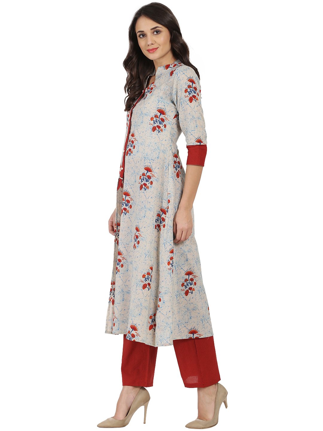 White & Red Printed Half Sleeve Cotton Double Layer Kurta | LASVINI - Redefining Indian Fashion with Elegance