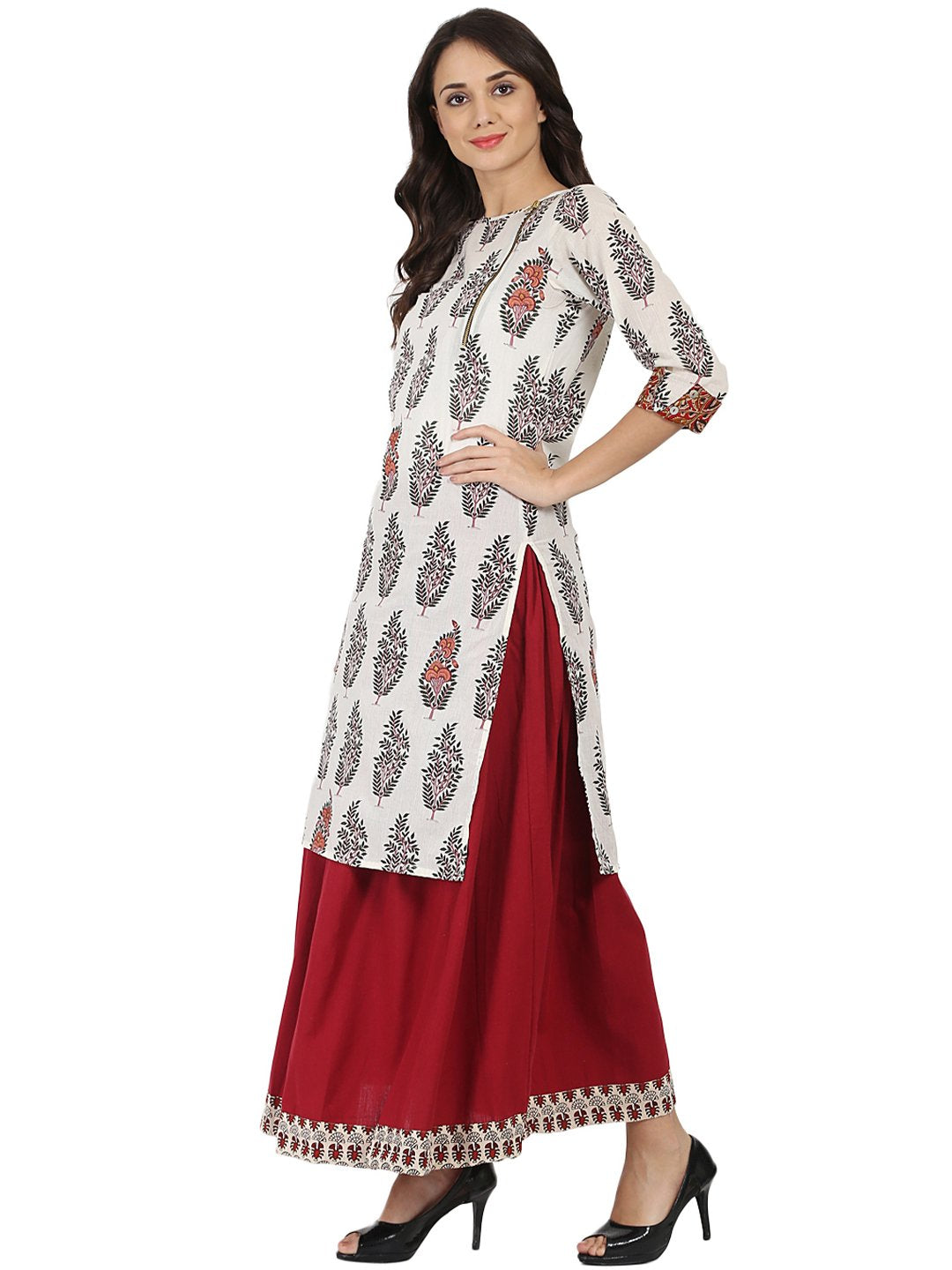 Off White Printed Half Sleeve Cotton Kurta | LASVINI - Redefining Indian Fashion with Elegance