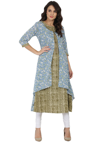 Blue & Green Printed 3/4Th Sleeve Cotton Double Layer Kurta | LASVINI - Redefining Indian Fashion with Elegance