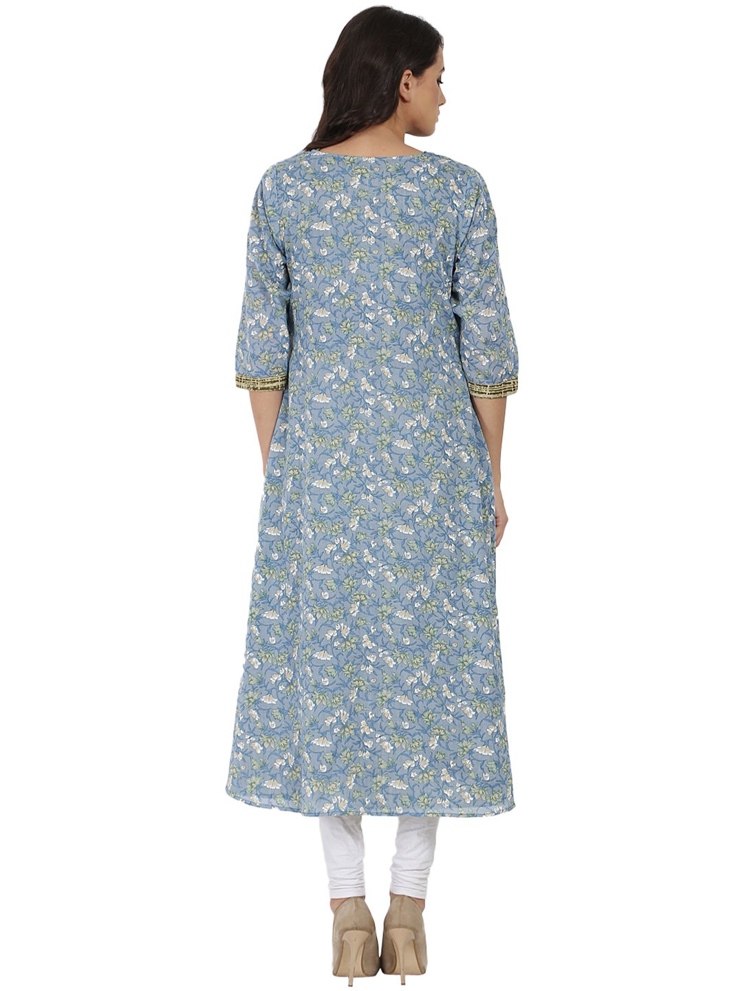 Blue & Green Printed 3/4Th Sleeve Cotton Double Layer Kurta | LASVINI - Redefining Indian Fashion with Elegance