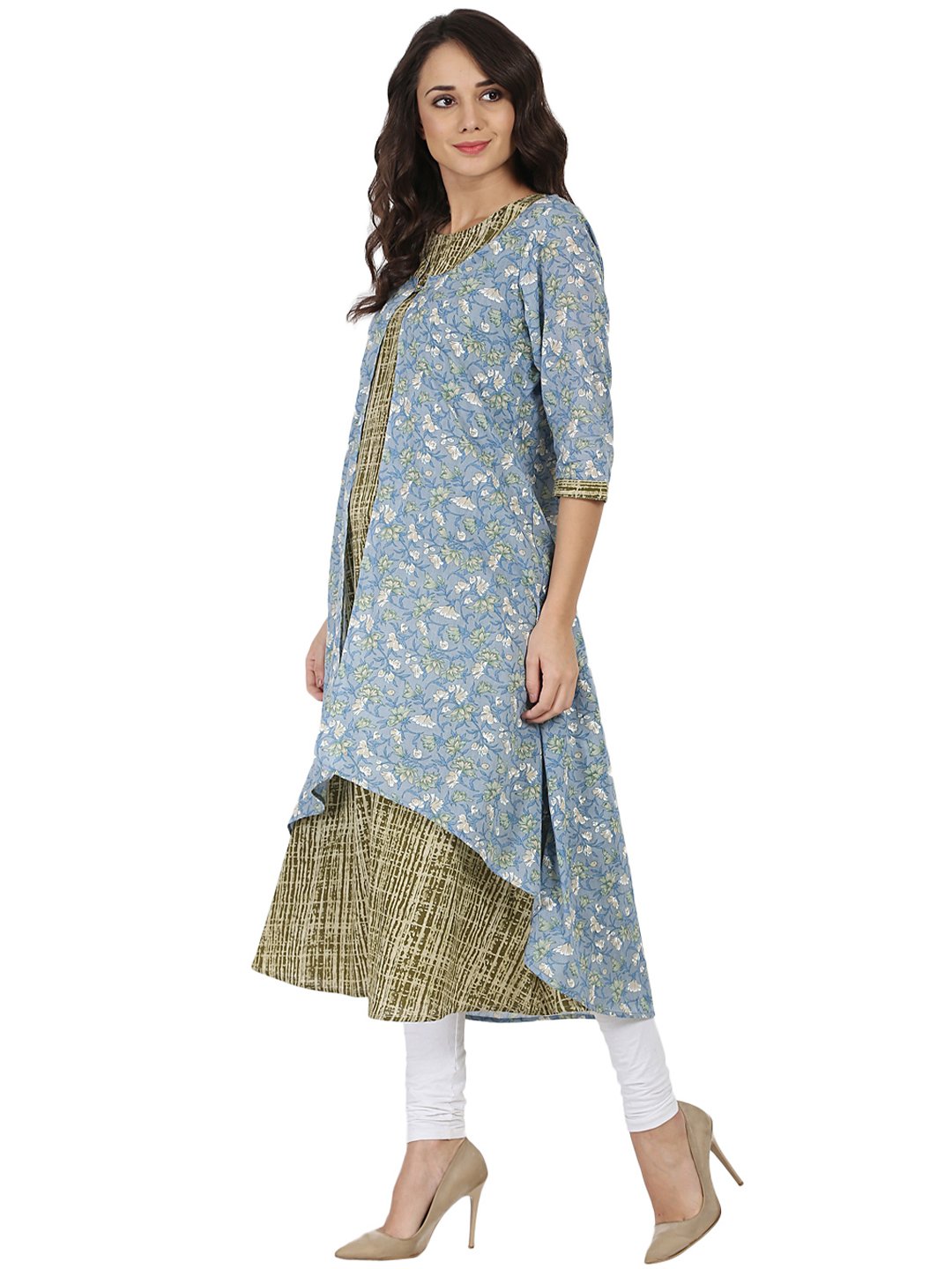 Blue & Green Printed 3/4Th Sleeve Cotton Double Layer Kurta | LASVINI - Redefining Indian Fashion with Elegance