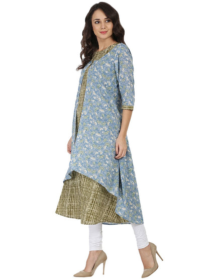 Blue & Green Printed 3/4Th Sleeve Cotton Double Layer Kurta | LASVINI - Redefining Indian Fashion with Elegance