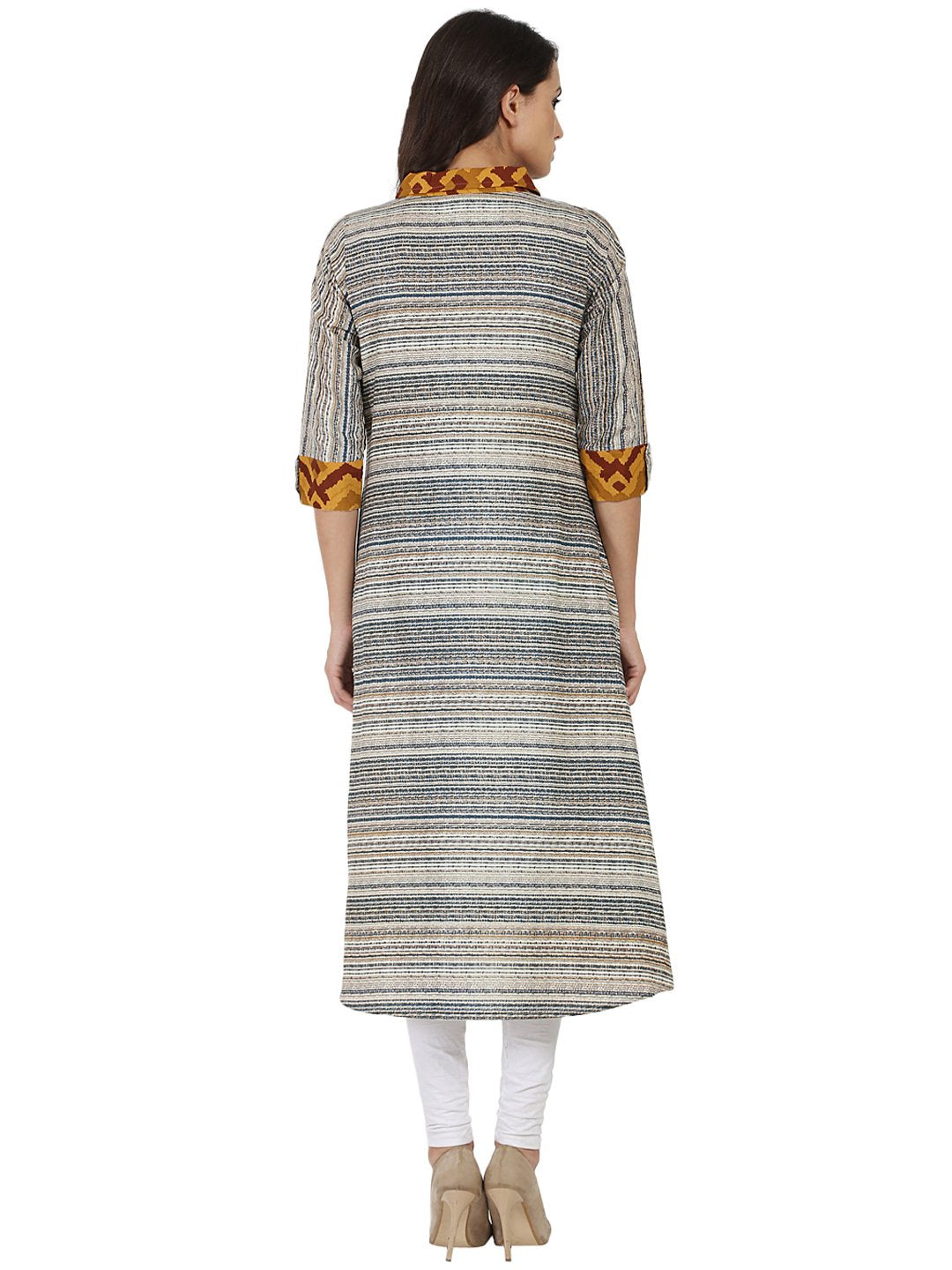 Blue Printed 3/4Th Sleeve Cotton A-Line Front Open Kurta | LASVINI - Redefining Indian Fashion with Elegance