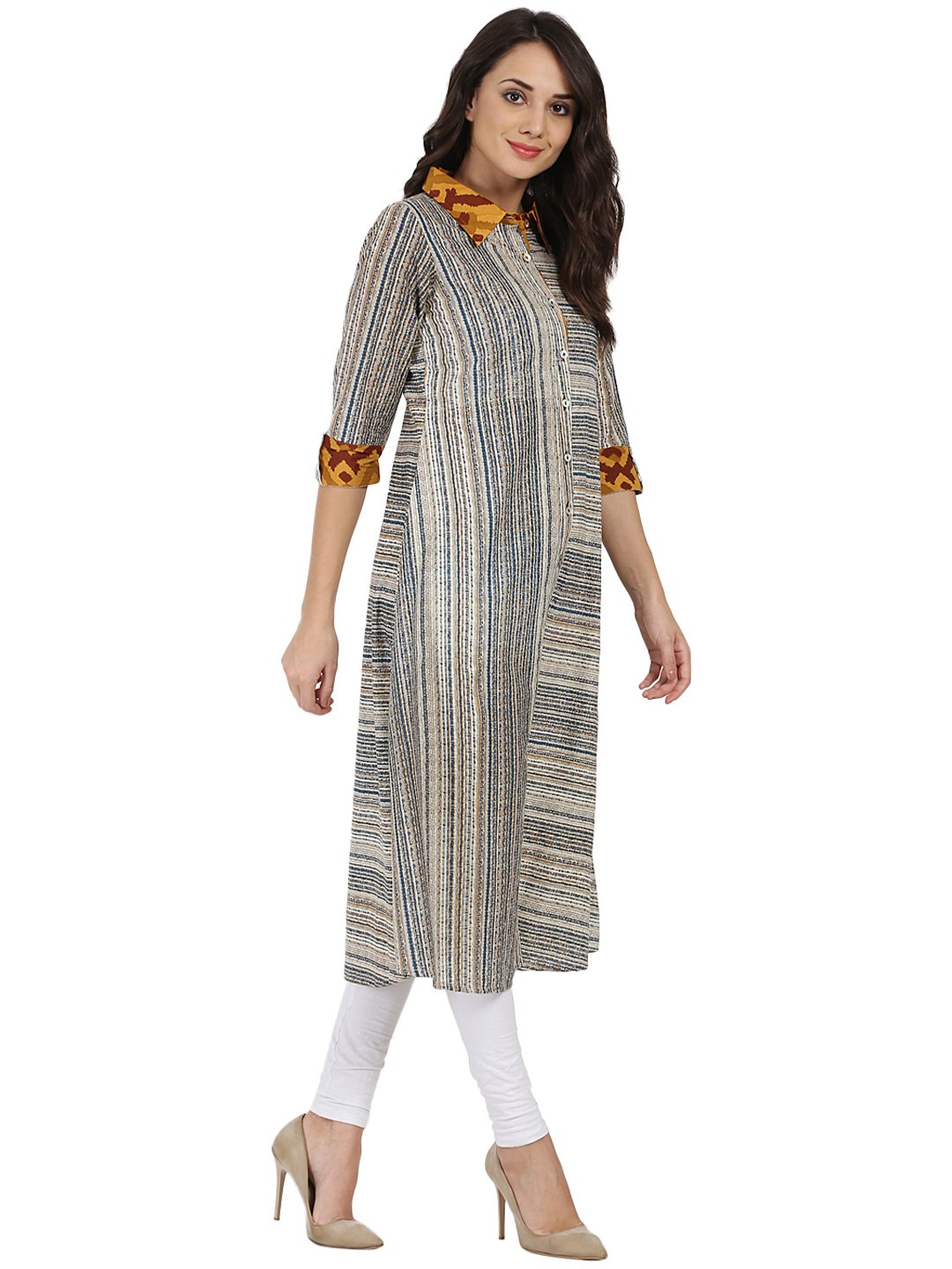 Blue Printed 3/4Th Sleeve Cotton A-Line Front Open Kurta | LASVINI - Redefining Indian Fashion with Elegance