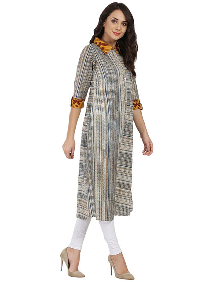 Blue Printed 3/4Th Sleeve Cotton A-Line Front Open Kurta | LASVINI - Redefining Indian Fashion with Elegance