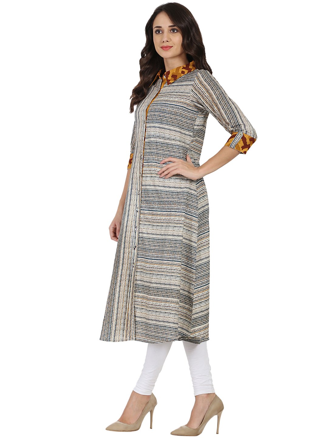 Blue Printed 3/4Th Sleeve Cotton A-Line Front Open Kurta | LASVINI - Redefining Indian Fashion with Elegance