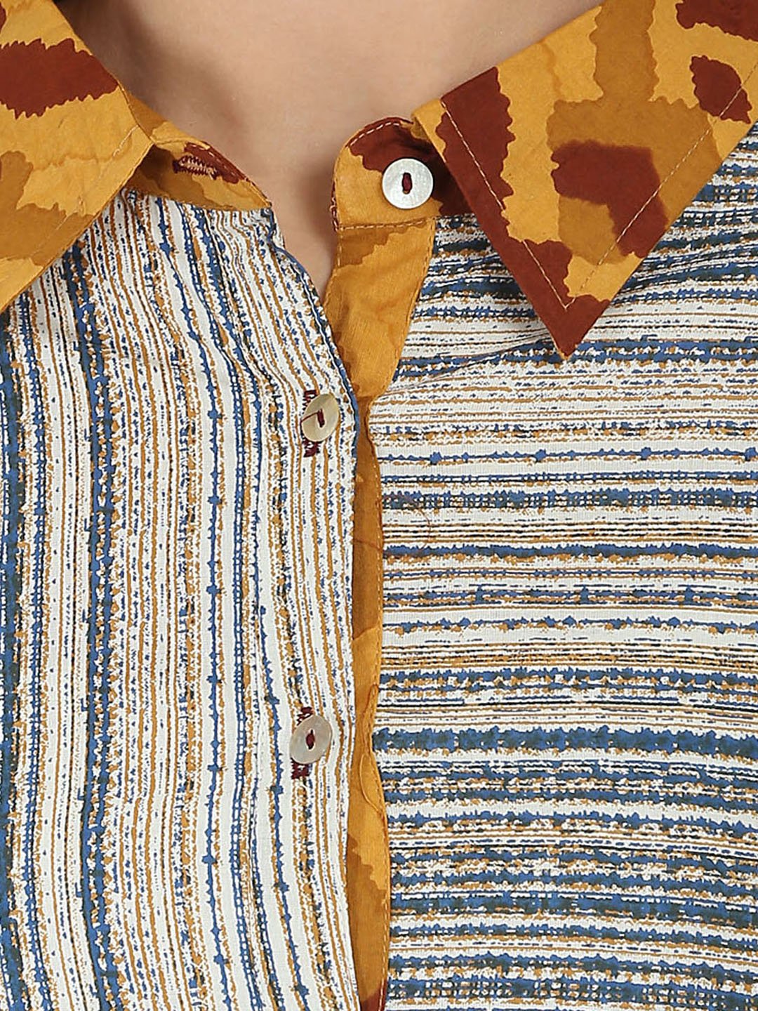 Blue Printed 3/4Th Sleeve Cotton A-Line Front Open Kurta | LASVINI - Redefining Indian Fashion with Elegance