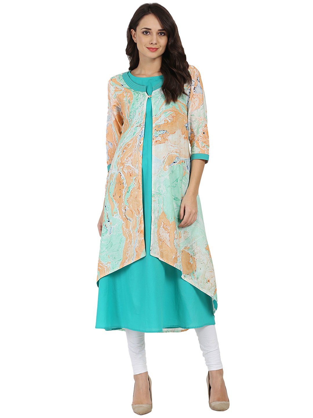 Sea Green Marbal  Printed 3/4Th Sleeve Cotton Double Layer Kurta | LASVINI - Redefining Indian Fashion with Elegance