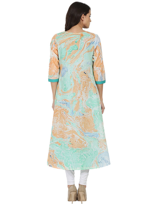 Sea Green Marbal  Printed 3/4Th Sleeve Cotton Double Layer Kurta | LASVINI - Redefining Indian Fashion with Elegance