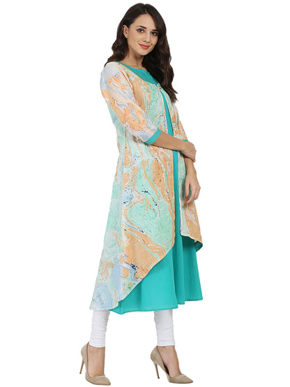 Sea Green Marbal  Printed 3/4Th Sleeve Cotton Double Layer Kurta | LASVINI - Redefining Indian Fashion with Elegance