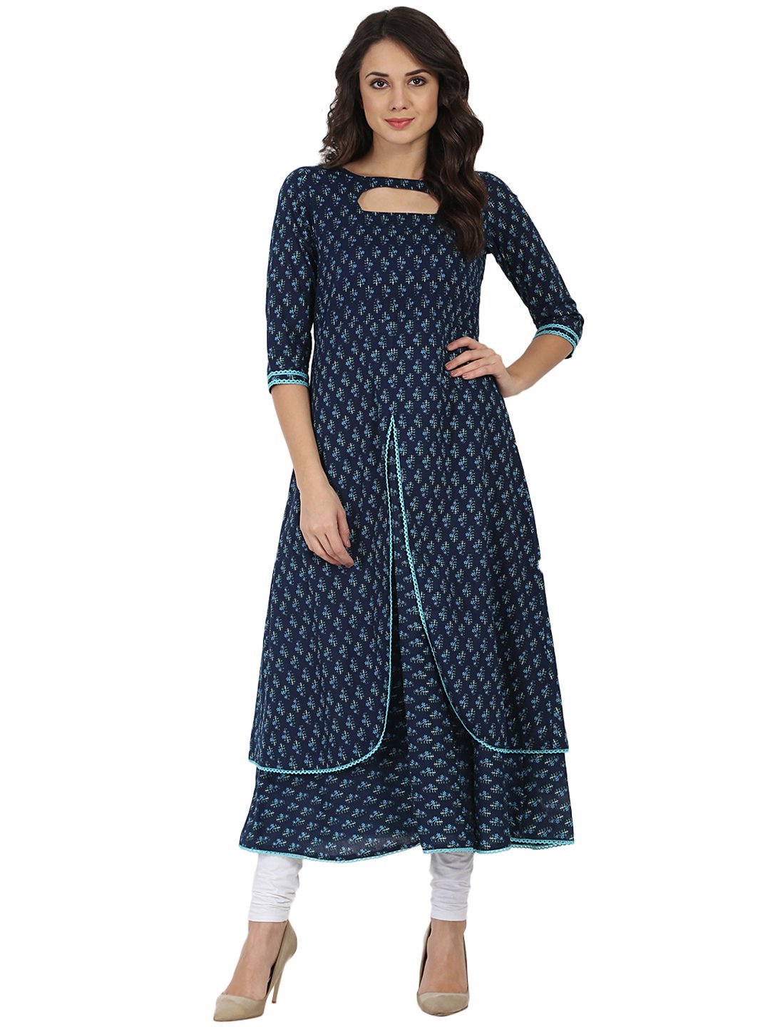 Blue Printed 3/4Th Sleeve Cotton Double Layer Anarkali Kurta | LASVINI - Redefining Indian Fashion with Elegance