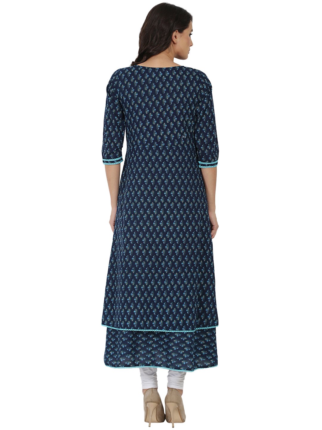 Blue Printed 3/4Th Sleeve Cotton Double Layer Anarkali Kurta | LASVINI - Redefining Indian Fashion with Elegance