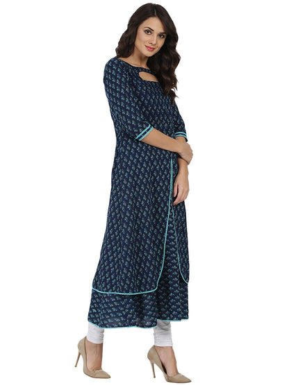 Blue Printed 3/4Th Sleeve Cotton Double Layer Anarkali Kurta | LASVINI - Redefining Indian Fashion with Elegance
