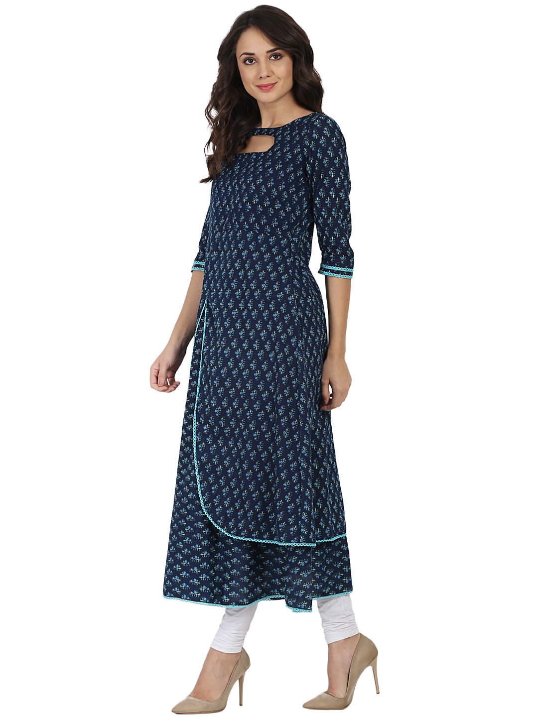 Blue Printed 3/4Th Sleeve Cotton Double Layer Anarkali Kurta | LASVINI - Redefining Indian Fashion with Elegance