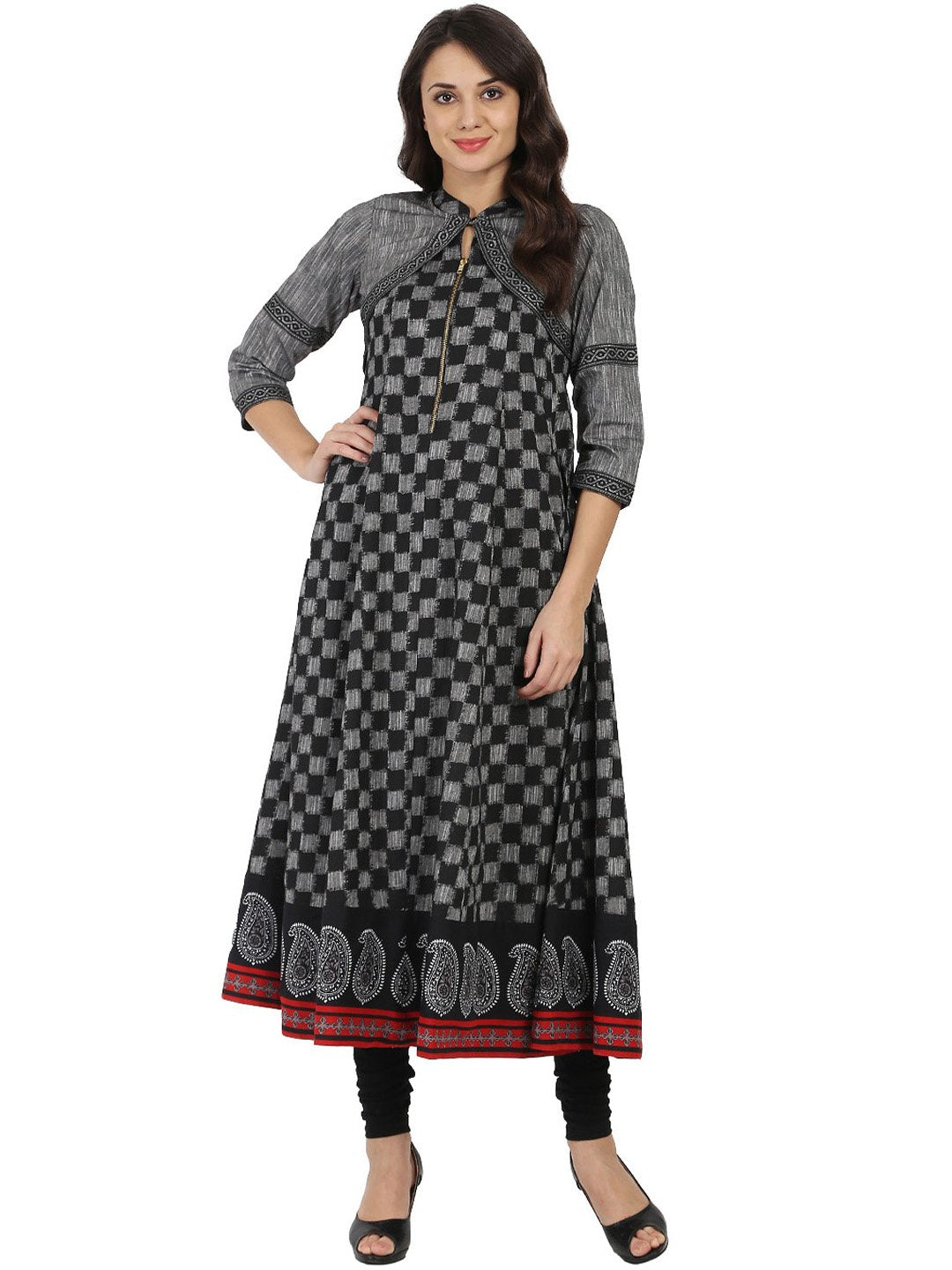 Black Printed Sleeveless South Cotton Anarkali  Kurta With 3/4Th Sleeve Jacket | LASVINI - Redefining Indian Fashion with Elegance