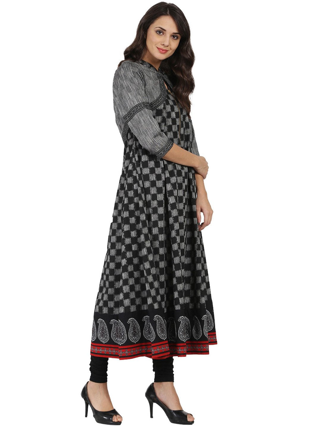 Black Printed Sleeveless South Cotton Anarkali  Kurta With 3/4Th Sleeve Jacket | LASVINI - Redefining Indian Fashion with Elegance
