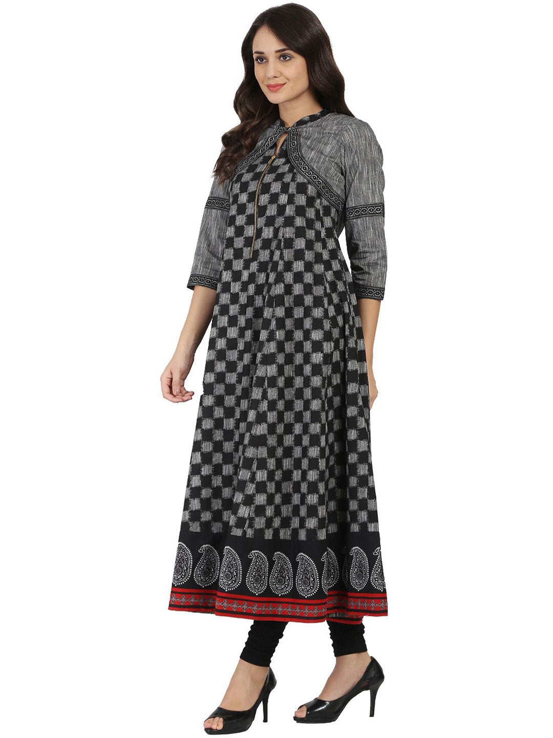 Black Printed Sleeveless South Cotton Anarkali  Kurta With 3/4Th Sleeve Jacket | LASVINI - Redefining Indian Fashion with Elegance