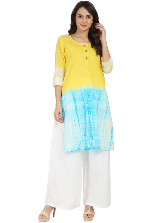 Yellow & Blue Tye Dye 3/4Th Sleeve Cotton Kurta | LASVINI - Redefining Indian Fashion with Elegance