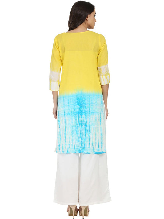 Yellow & Blue Tye Dye 3/4Th Sleeve Cotton Kurta | LASVINI - Redefining Indian Fashion with Elegance