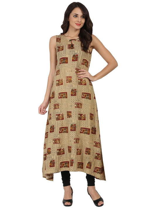 Beige Printed Sleeveless Cotton Anarkali Kurta | LASVINI - Redefining Indian Fashion with Elegance