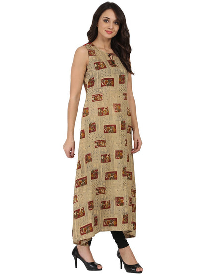 Beige Printed Sleeveless Cotton Anarkali Kurta | LASVINI - Redefining Indian Fashion with Elegance