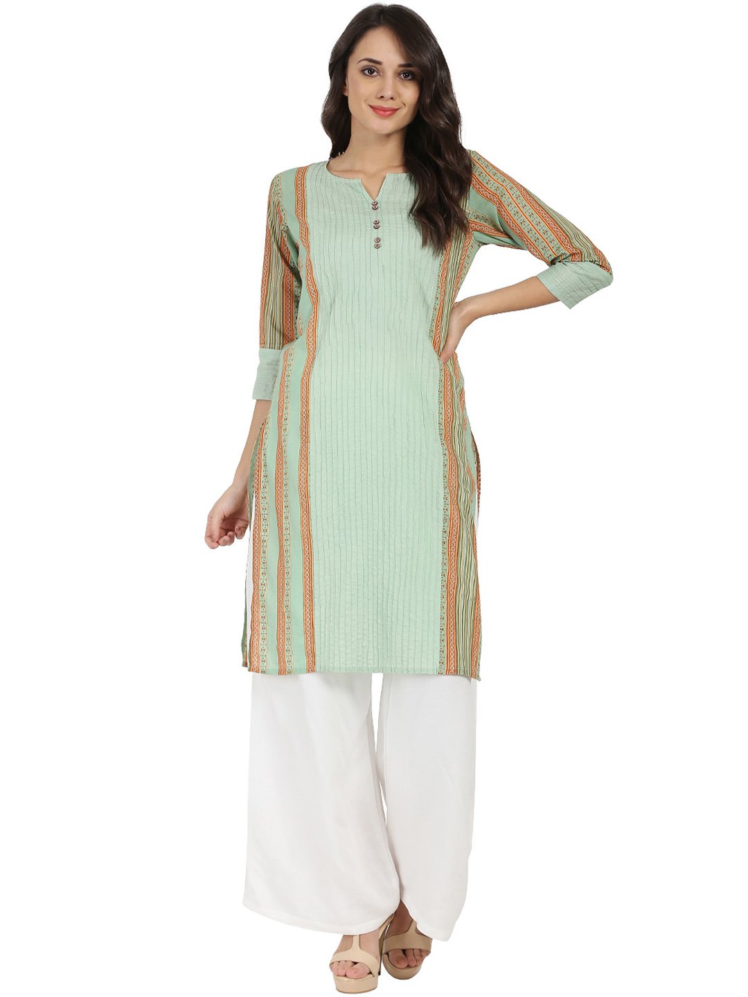 Green Printed 3/4Th Sleeve Cotton Kurta | LASVINI - Redefining Indian Fashion with Elegance