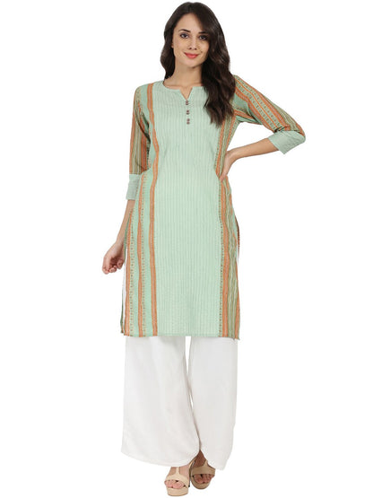 Green Printed 3/4Th Sleeve Cotton Kurta | LASVINI - Redefining Indian Fashion with Elegance