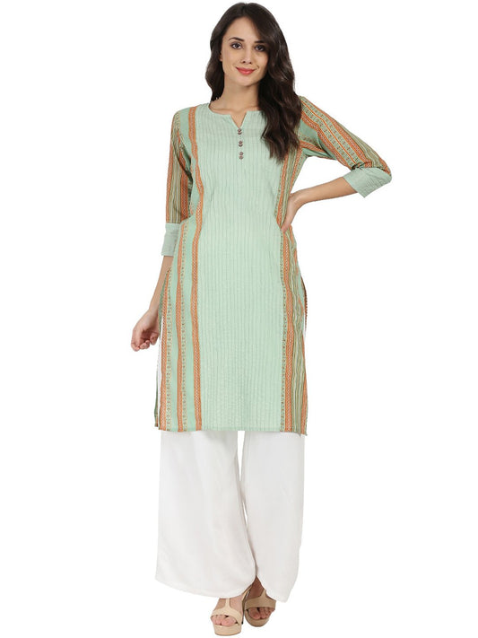 Green Printed 3/4Th Sleeve Cotton Kurta | LASVINI - Redefining Indian Fashion with Elegance