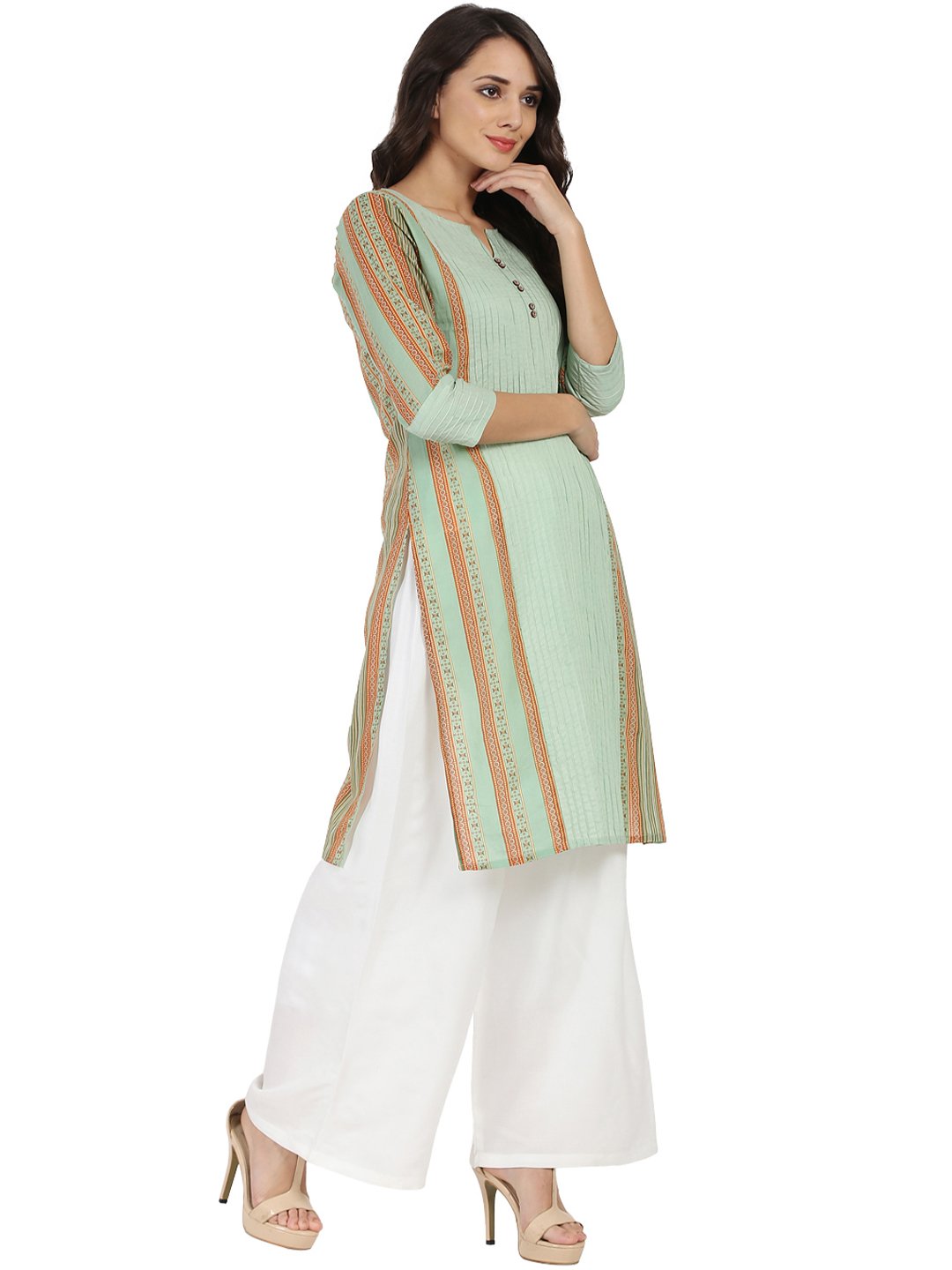 Green Printed 3/4Th Sleeve Cotton Kurta | LASVINI - Redefining Indian Fashion with Elegance